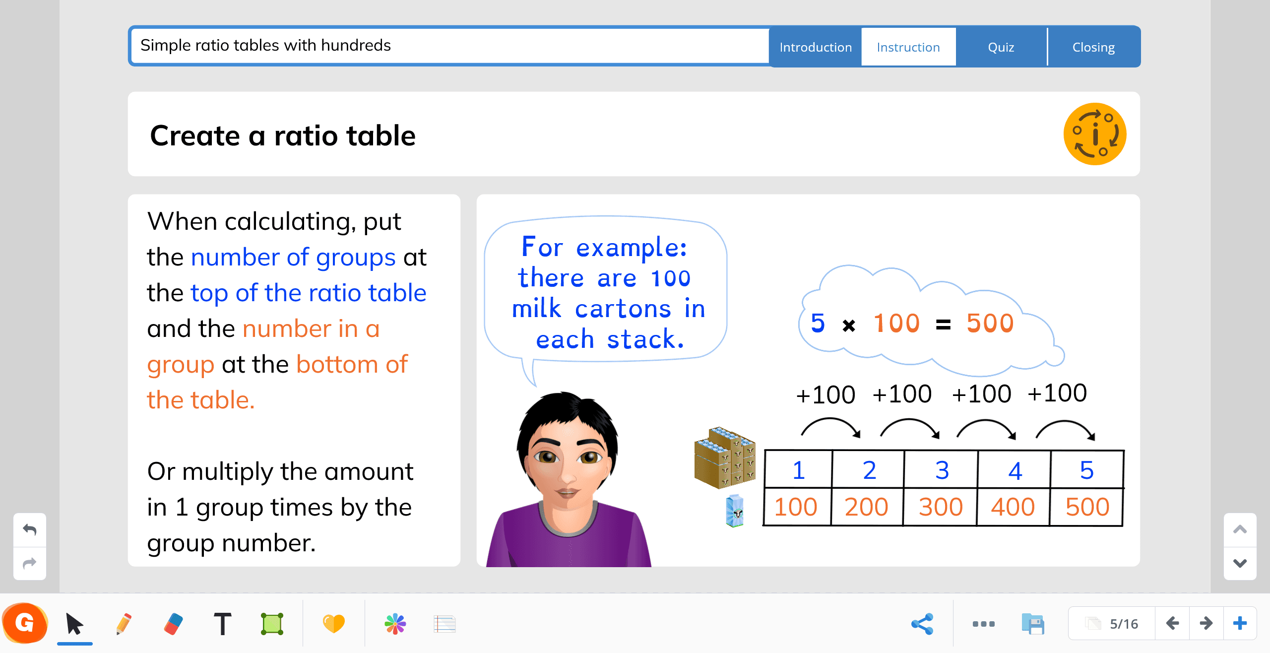 A lesson about ratio tables to be used by a teacher with a smartboard, made in Gynzy